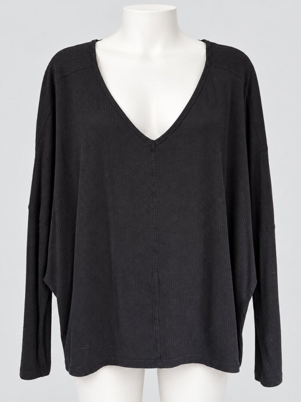 Yana K Black Ribbed Oversized V Neck Long Sleeve Top One Size